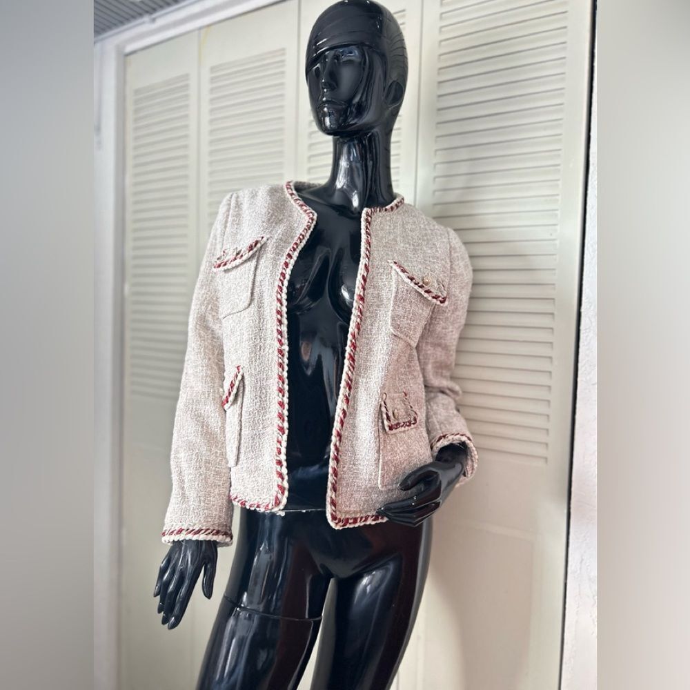 Elegant Cream Tweed Jacket with Red Accents